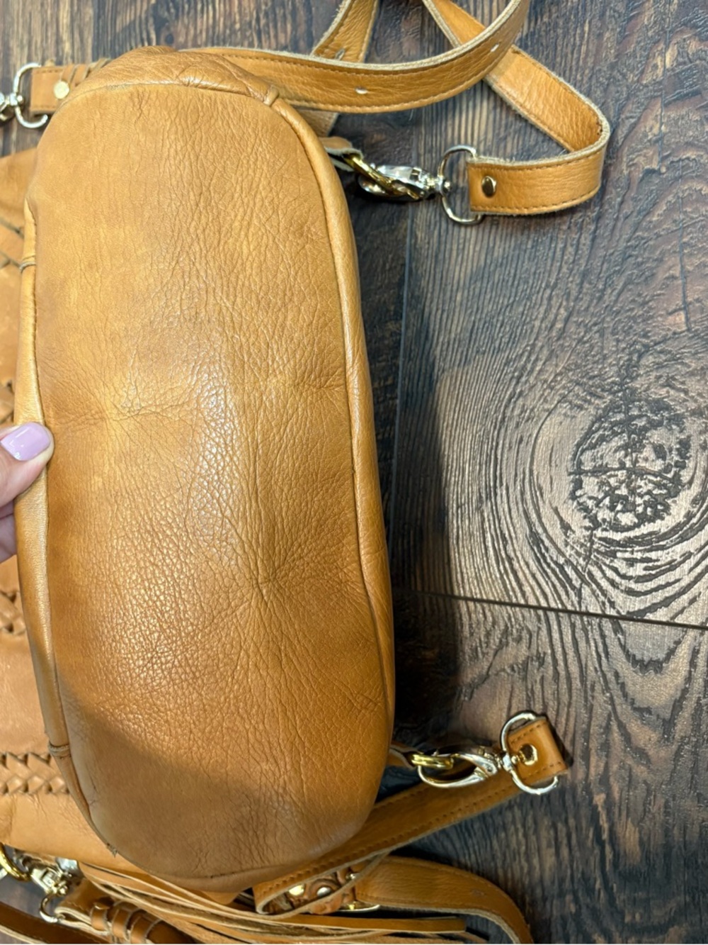 MUSS Tan Leather Convertible Backpack - Woven Detail Feather Tassel - Picture 5 of 6